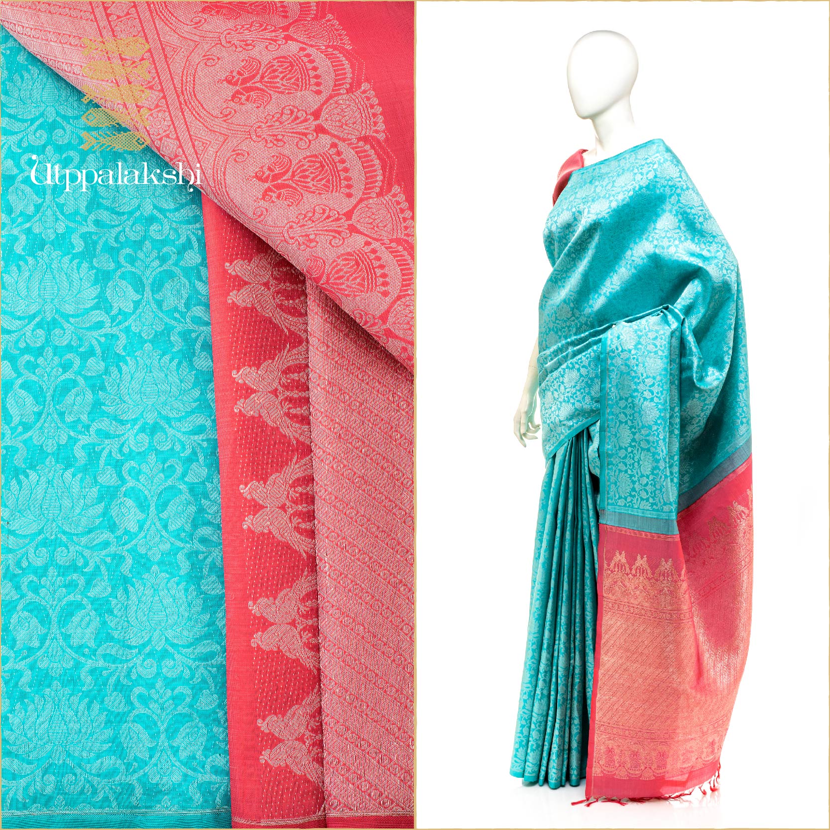 UTPPALAKSHI HANDWOVEN KANJIVARAM SILK BRIDAL SAREE BLUE PINK SILVER ZARI LOTUS BROCADE NO BORDER