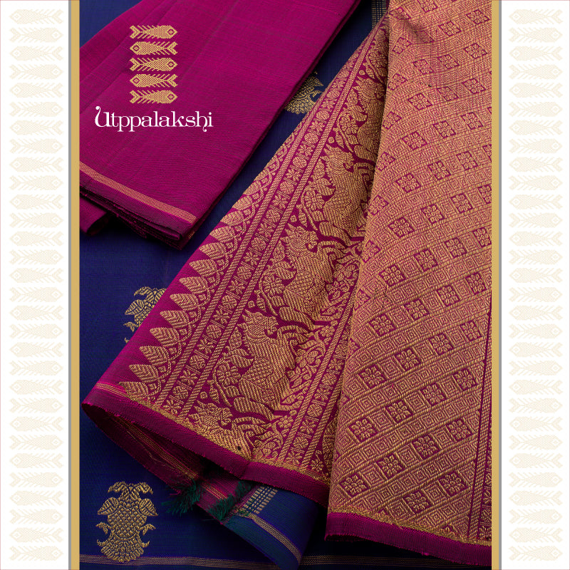 UTPPALAKSHI HANDWOVEN KANJIVARAM SILK SAREE PEACOCK BLUE AND MAGENTA GANDABERUNDA