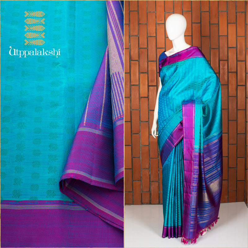 UTPPALAKSHI HANDWOVEN KANJIVARAM SILK SAREE BLUE PURPLE ANNAM CHAKRAM THREADWORK