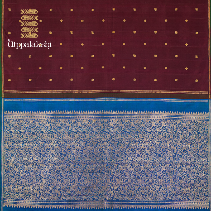 UTPPALAKSHI HANDWOVEN KANJIVARAM SILK SAREE COFFEE BROWN AND BLUE WITH BUTTA NO BORDER