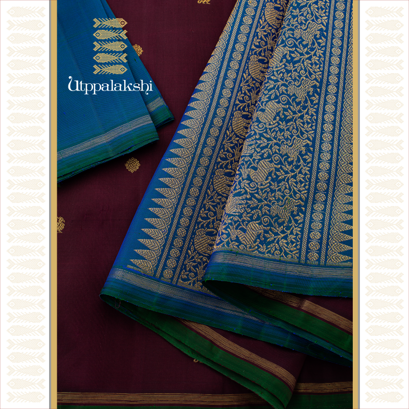 UTPPALAKSHI HANDWOVEN KANJIVARAM SILK SAREE COFFEE BROWN AND BLUE WITH BUTTA NO BORDER