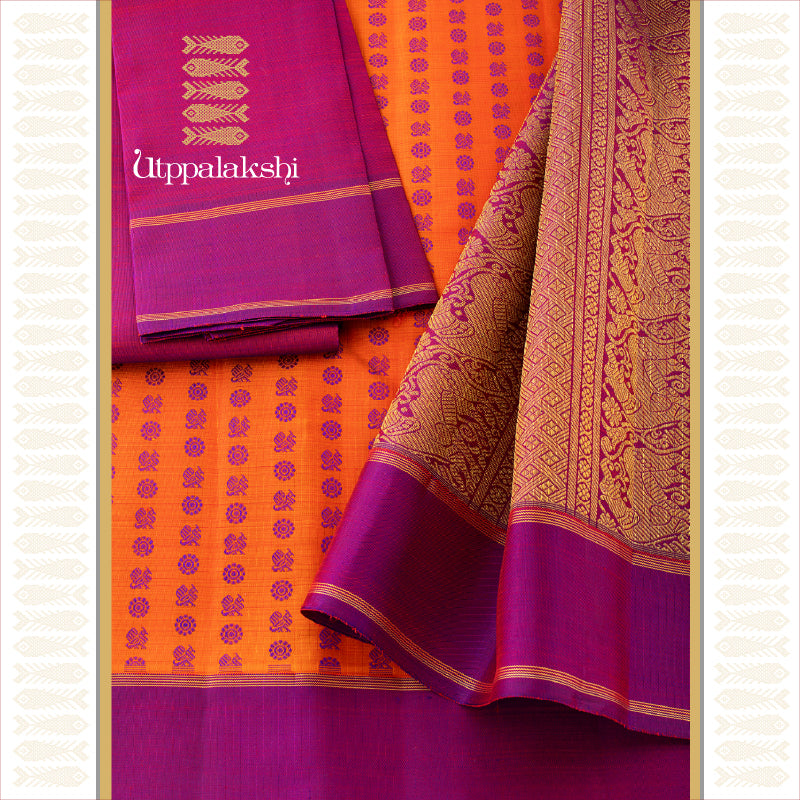 KUMKUM ORANGE AND PURPLE THREADWORK WITH ANNAMS AND CHAKRAMS || UTPPALAKSHI HANDWOVEN KANJIVARAM SILK SAREE