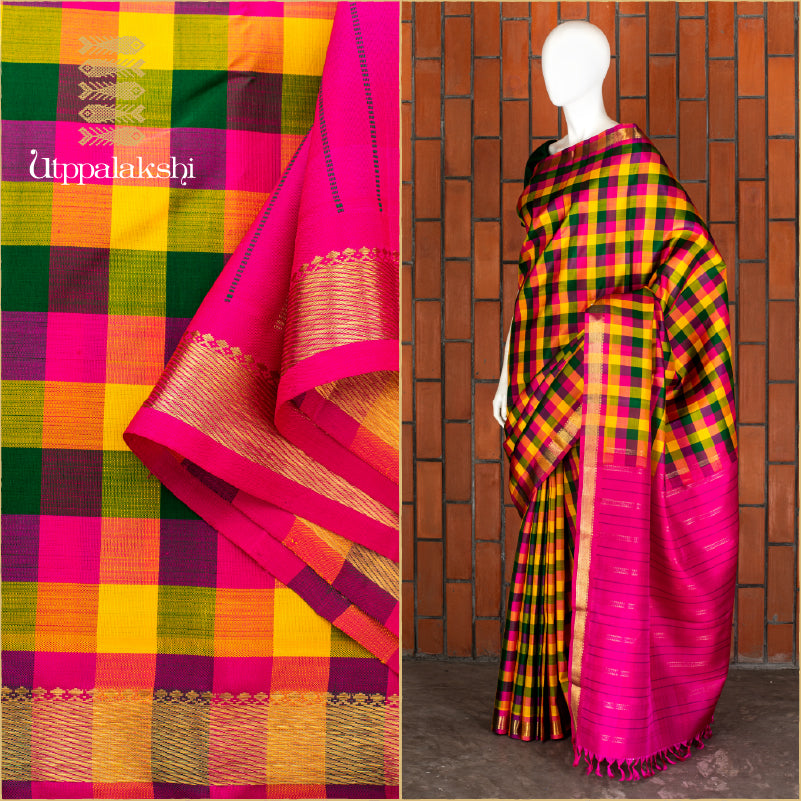 UTPPALAKSHI HANDWOVEN KANJIVARAM SILK SAREE PALUM PAZHAM CHECKS
