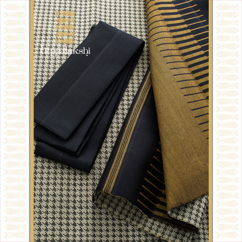 UTPPALAKSHI HANDWOVEN KANJIVARAM SILK SAREE BLACK AND WHITE HOUNDSTOOTH PATTERN NO BORDER