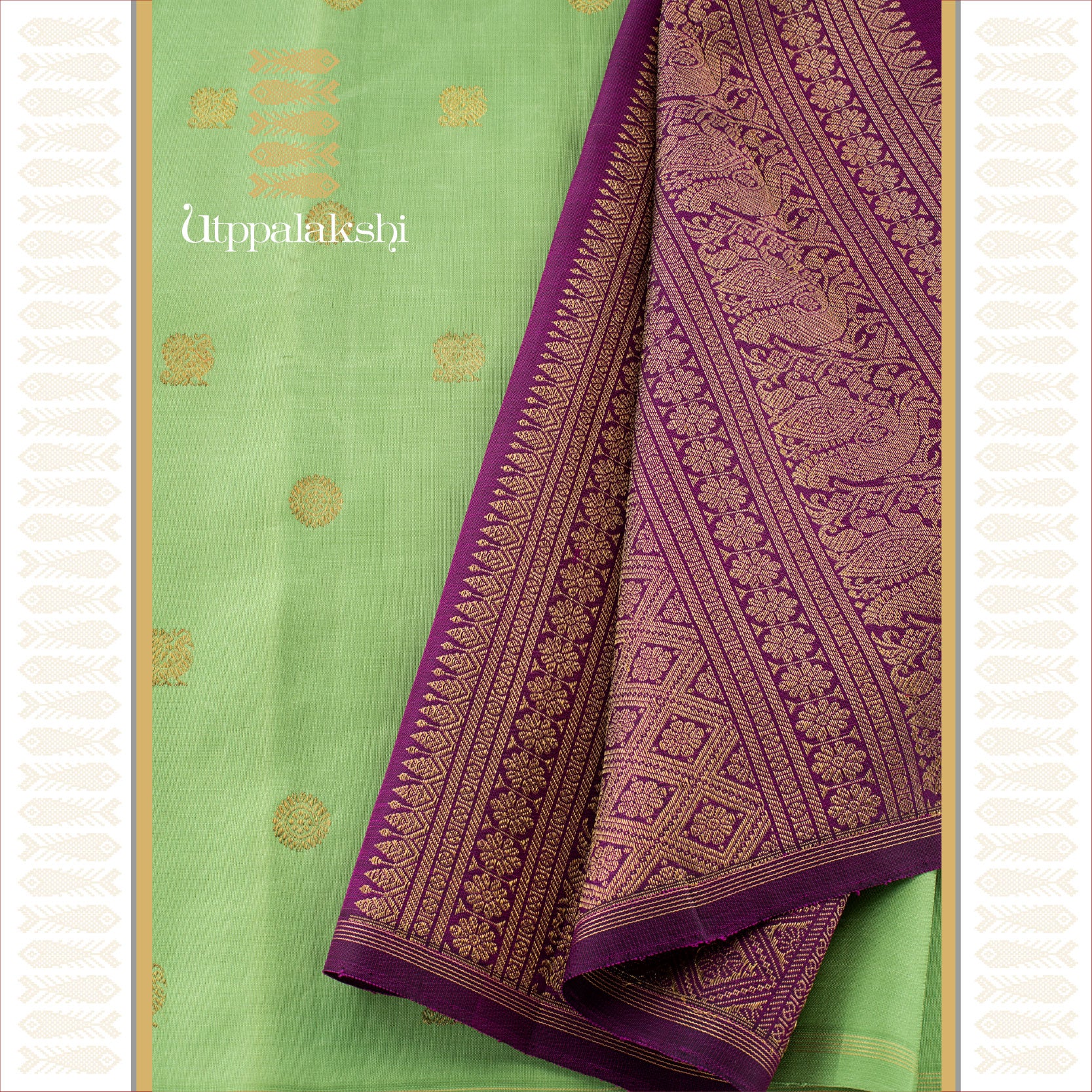 UTPPALAKSHI HANDWOVEN KANJIVARAM SILK SAREE ELAKKA GREEN AND PURPLE