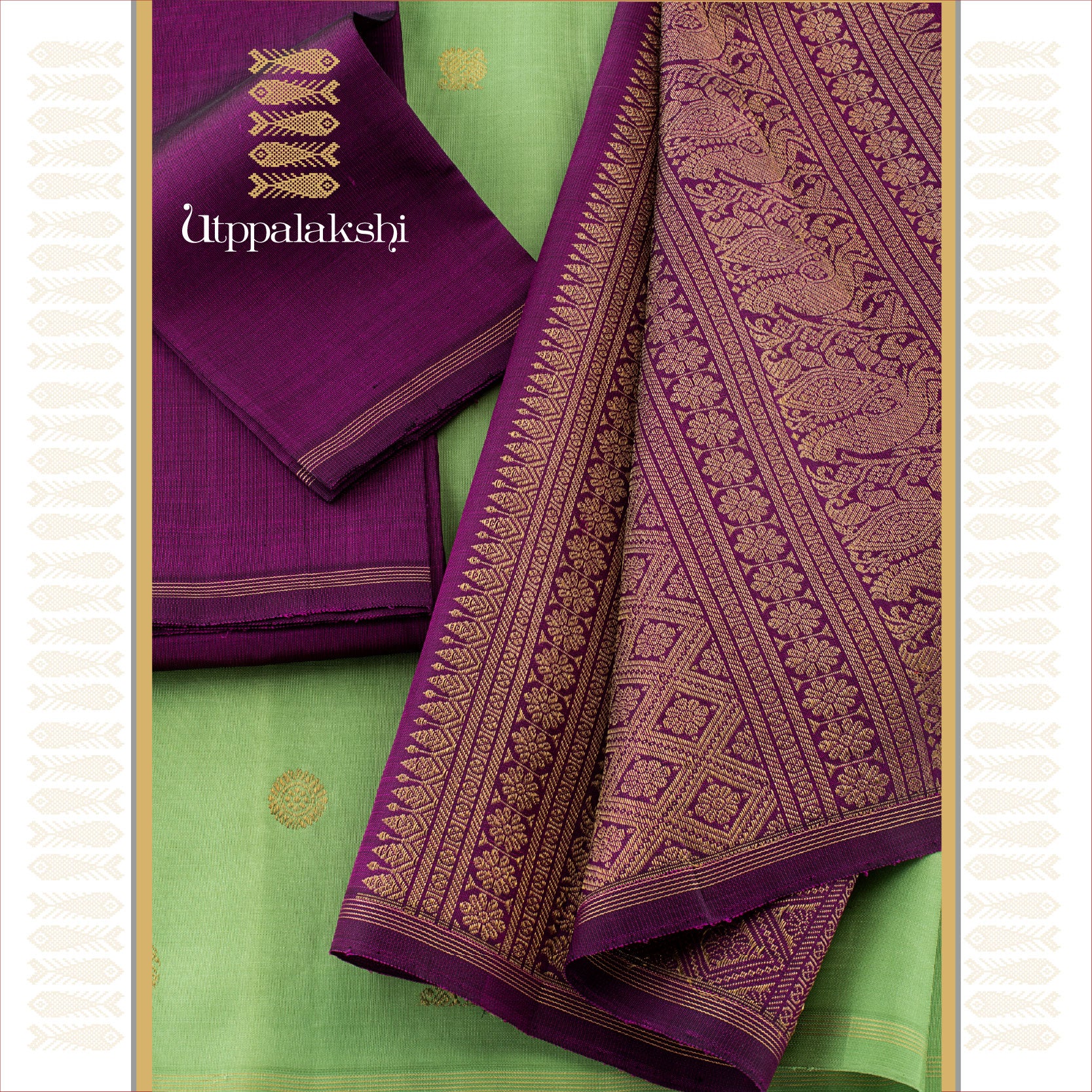 UTPPALAKSHI HANDWOVEN KANJIVARAM SILK SAREE ELAKKA GREEN AND PURPLE