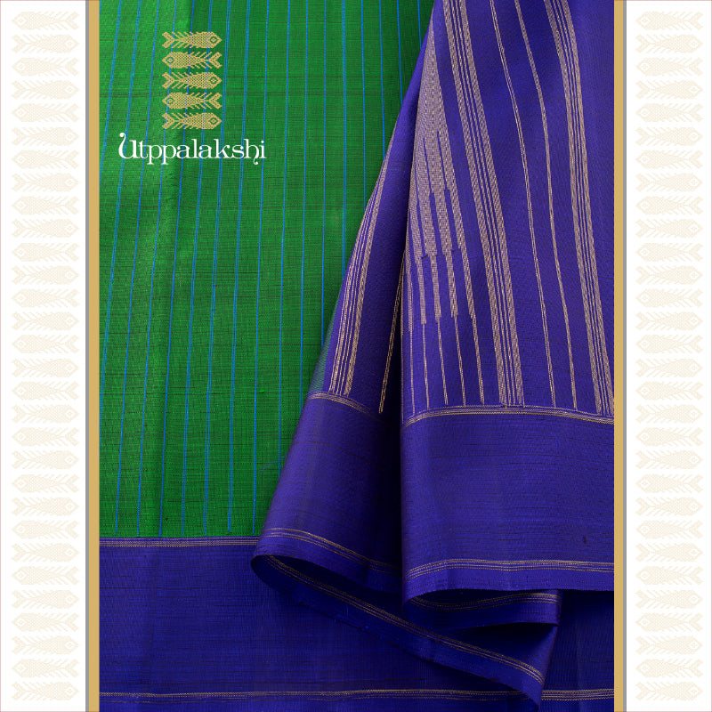 UTPPALAKSHI HANDWOVEN KANJIVARAM SILK SAREE GREEN AND DEEP BLUE CHECKS