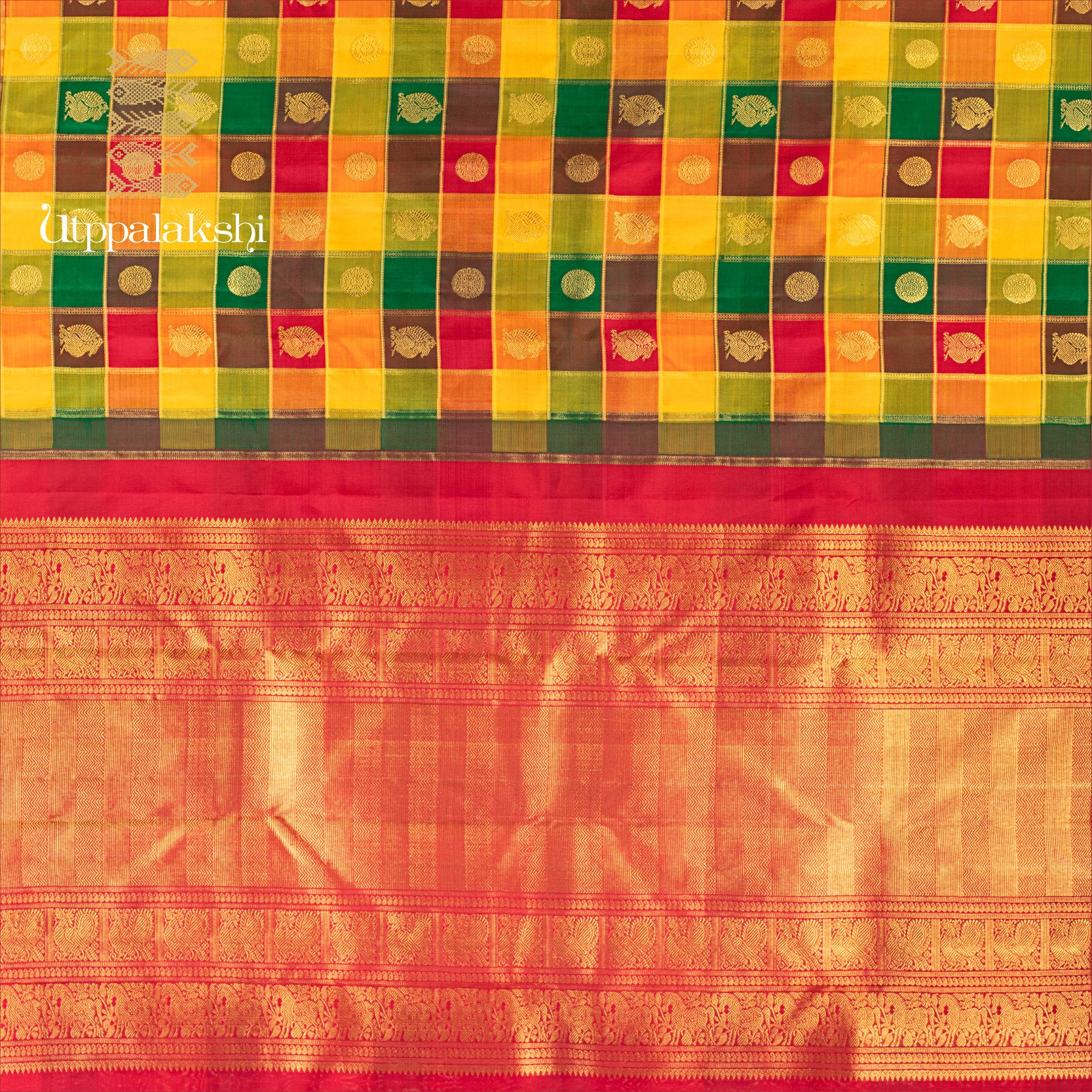 PAALUM PAZHAM IN RED YELLOW GREEN MANDULIR || UTPPALAKSHI HANDWOVEN KANJIVARAM SILK SAREE