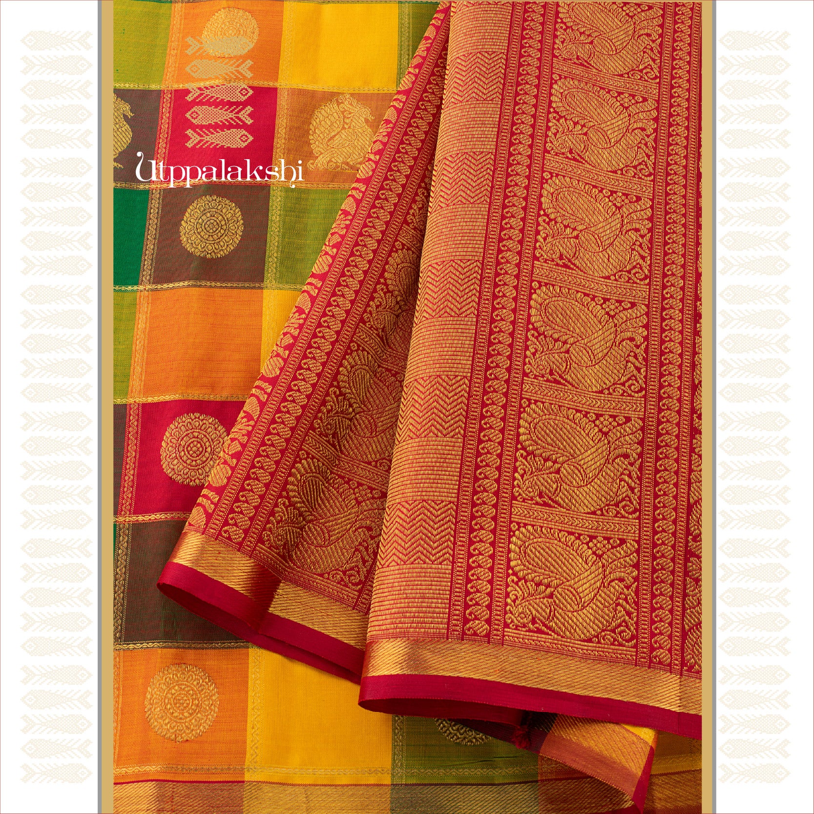 PAALUM PAZHAM IN RED YELLOW GREEN MANDULIR || UTPPALAKSHI HANDWOVEN KANJIVARAM SILK SAREE