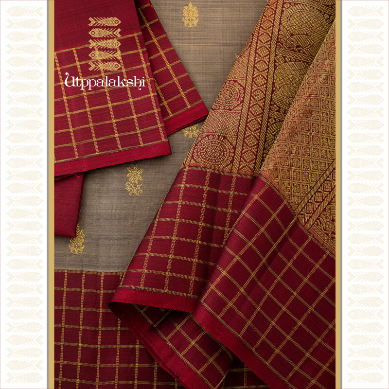 BEIGE MAROON AND CHECK BORDER || UTPPALAKSHI HANDWOVEN KANJIVARAM SILK SAREE