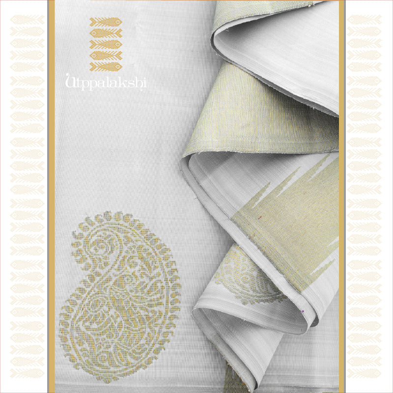 UTPPALAKSHI HANDWOVEN KANJIVARAM SILK SAREE GREY TEMPLE PAISLEY BORDER WITH TISSUE PALLU