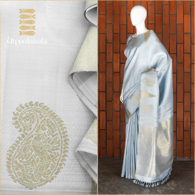 UTPPALAKSHI HANDWOVEN KANJIVARAM SILK SAREE GREY TEMPLE PAISLEY BORDER WITH TISSUE PALLU