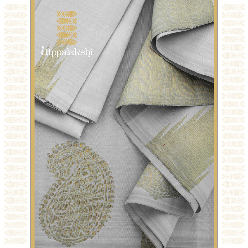 UTPPALAKSHI HANDWOVEN KANJIVARAM SILK SAREE GREY TEMPLE PAISLEY BORDER WITH TISSUE PALLU