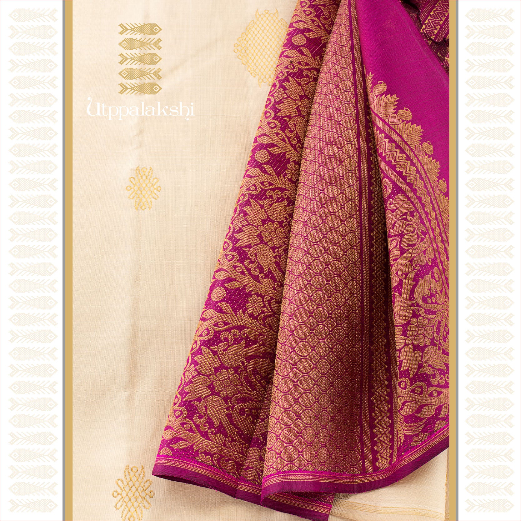 IVORY AND MAGENTA KOLAM SAREE- UTPPALAKSHI HANDWOVEN KANJIVARAM SILK SAREE