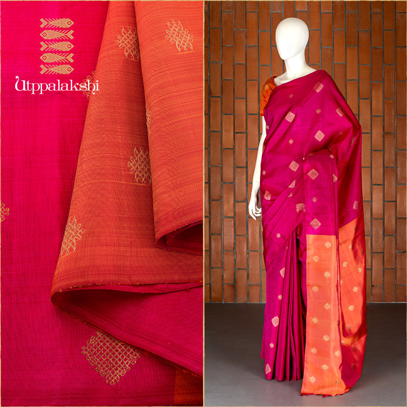 UTPPALAKSHI HANDWOVEN KANJIVARAM SILK SAREE MAGENTA AND ORANGE KOLAM