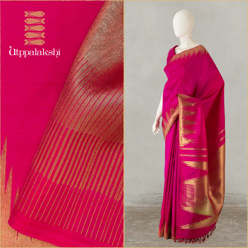 UTPPALAKSHI HANDWOVEN KANJIVARAM SILK SAREE PINK TEMPLE BORDER BAVANJI PALLU