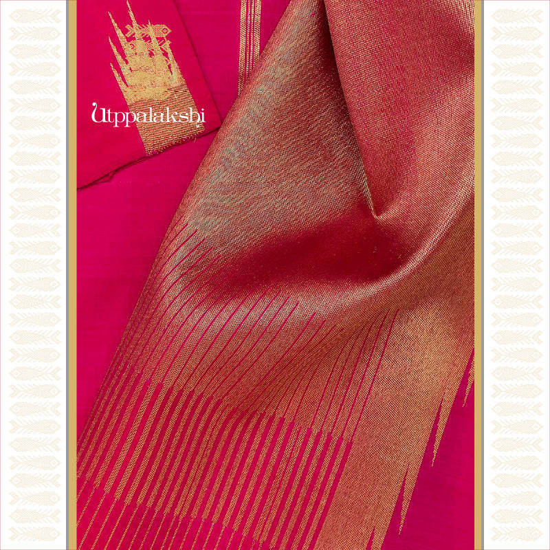 UTPPALAKSHI HANDWOVEN KANJIVARAM SILK SAREE PINK TEMPLE BORDER BAVANJI PALLU
