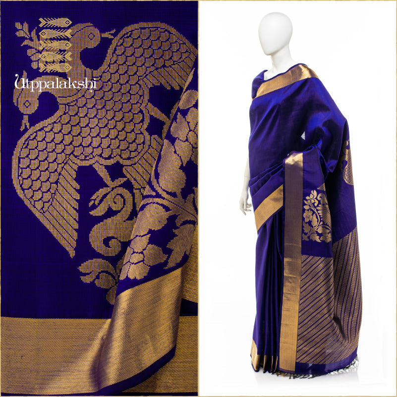 UTPPALAKSHI HANDWOVEN KANJIVARAM SILK SAREE MS BLUE CORNER MOTIF GANDABERUNDA