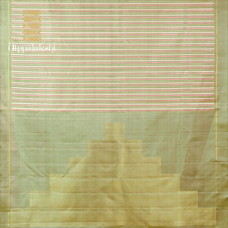 UTPPALAKSHI HANDWOVEN KANJIVARAM SILK SAREE GREEN WITH PINK AND WHITE THREADWORK
