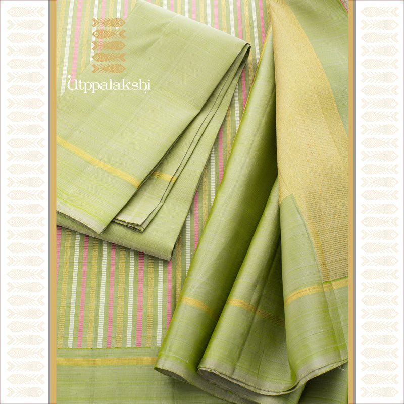 UTPPALAKSHI HANDWOVEN KANJIVARAM SILK SAREE GREEN WITH PINK AND WHITE THREADWORK
