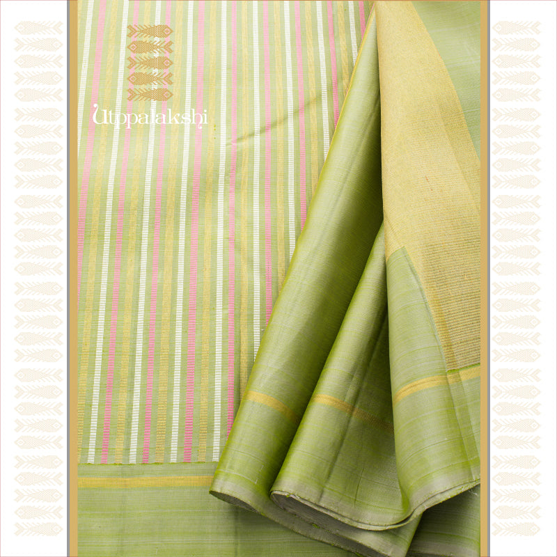 UTPPALAKSHI HANDWOVEN KANJIVARAM SILK SAREE GREEN WITH PINK AND WHITE THREADWORK