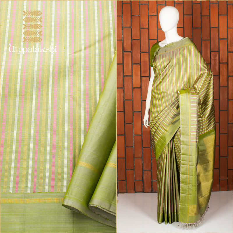 UTPPALAKSHI HANDWOVEN KANJIVARAM SILK SAREE GREEN WITH PINK AND WHITE THREADWORK