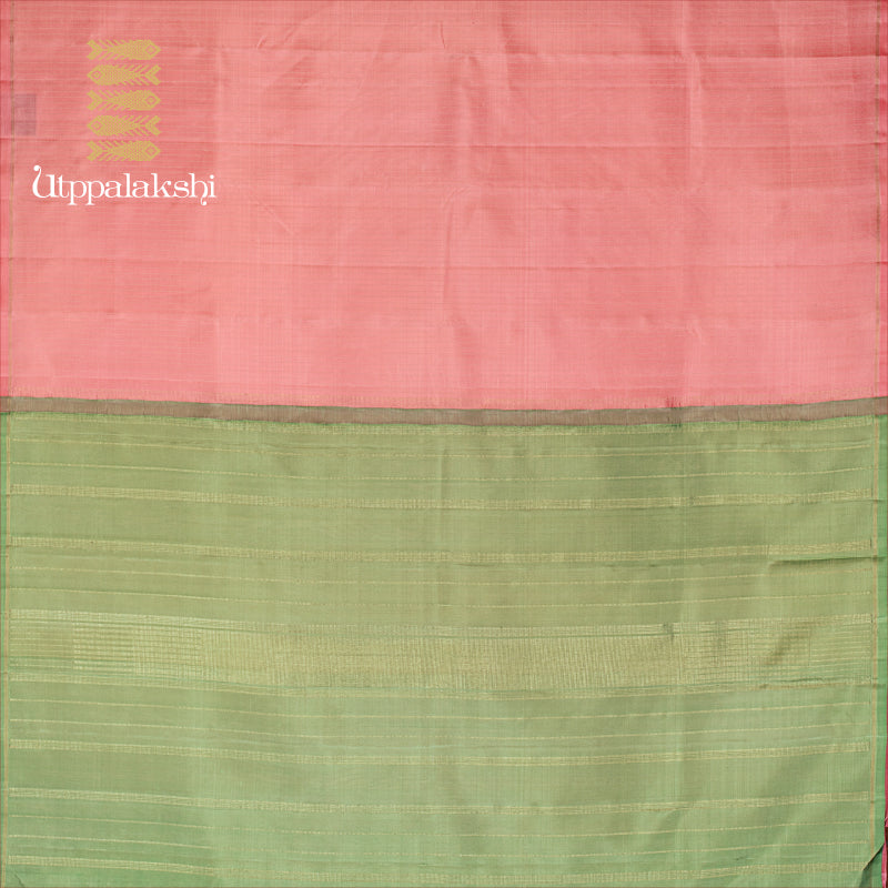 UTPPALAKSHI HANDWOVEN KANJIVARAM SILK SAREE PEACH AND GREEN NO BORDER