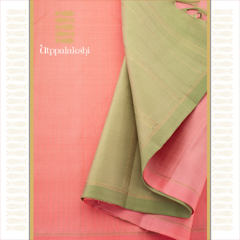 UTPPALAKSHI HANDWOVEN KANJIVARAM SILK SAREE PEACH AND GREEN NO BORDER