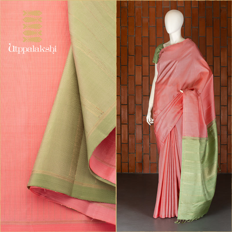 UTPPALAKSHI HANDWOVEN KANJIVARAM SILK SAREE PEACH AND GREEN NO BORDER