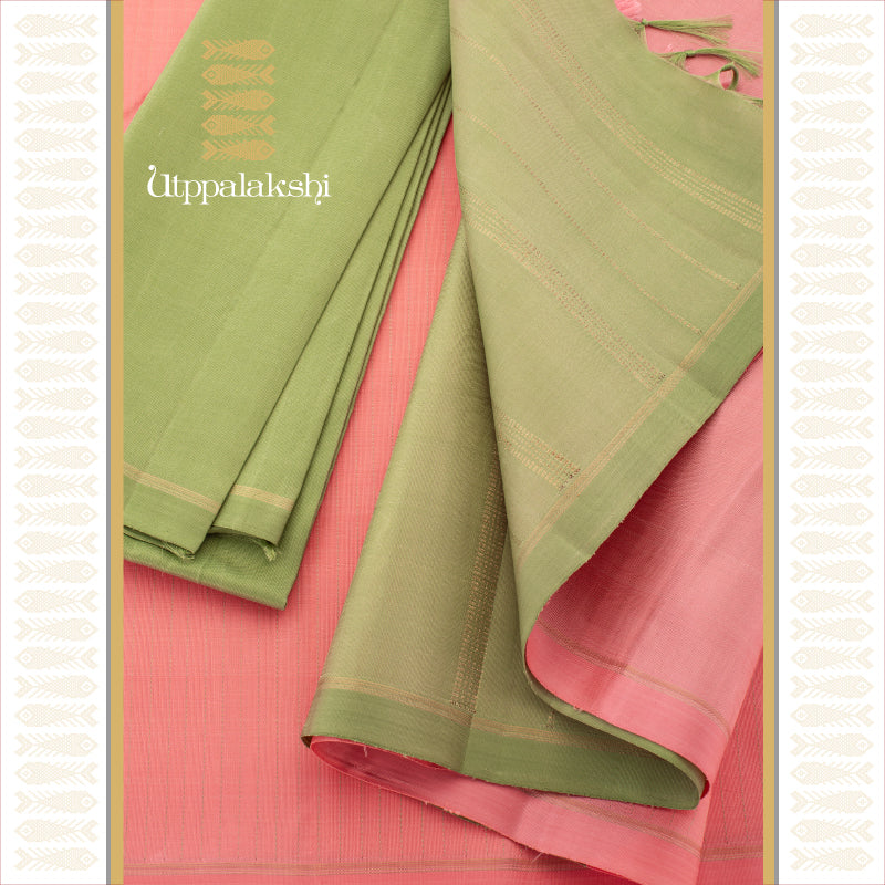 UTPPALAKSHI HANDWOVEN KANJIVARAM SILK SAREE PEACH AND GREEN NO BORDER