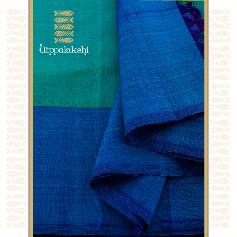 UTPPALAKSHI HANDWOVEN KANJIVARAM SILK SAREE PLAIN SEA GREEN AND SEA BLUE