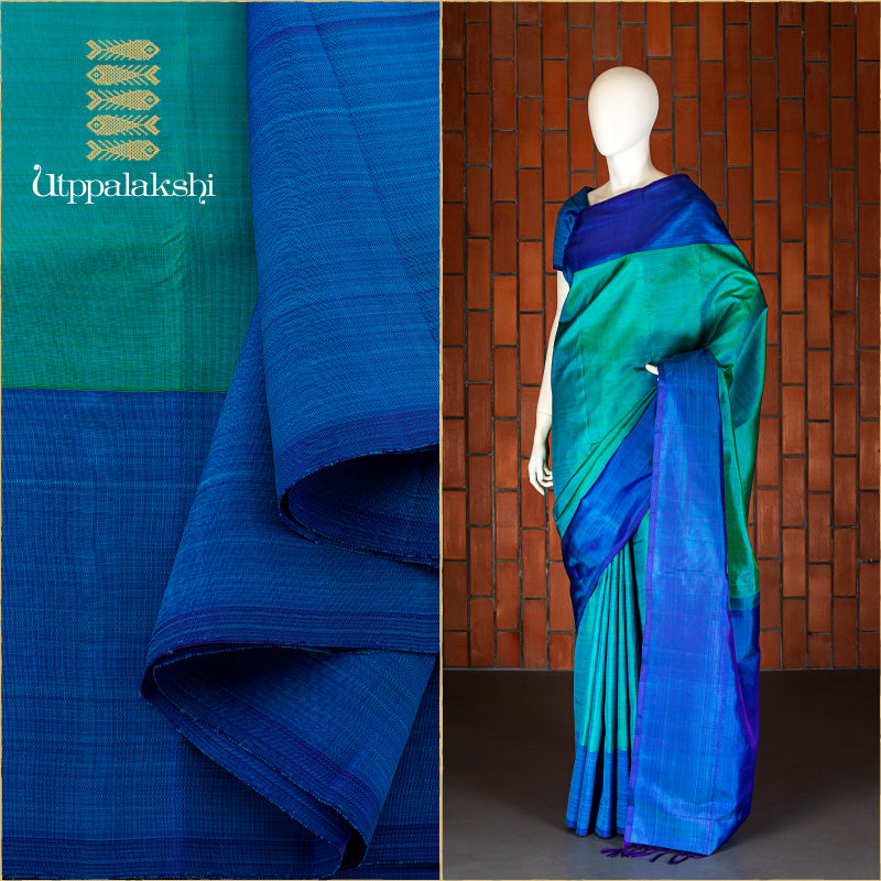 UTPPALAKSHI HANDWOVEN KANJIVARAM SILK SAREE PLAIN SEA GREEN AND SEA BLUE