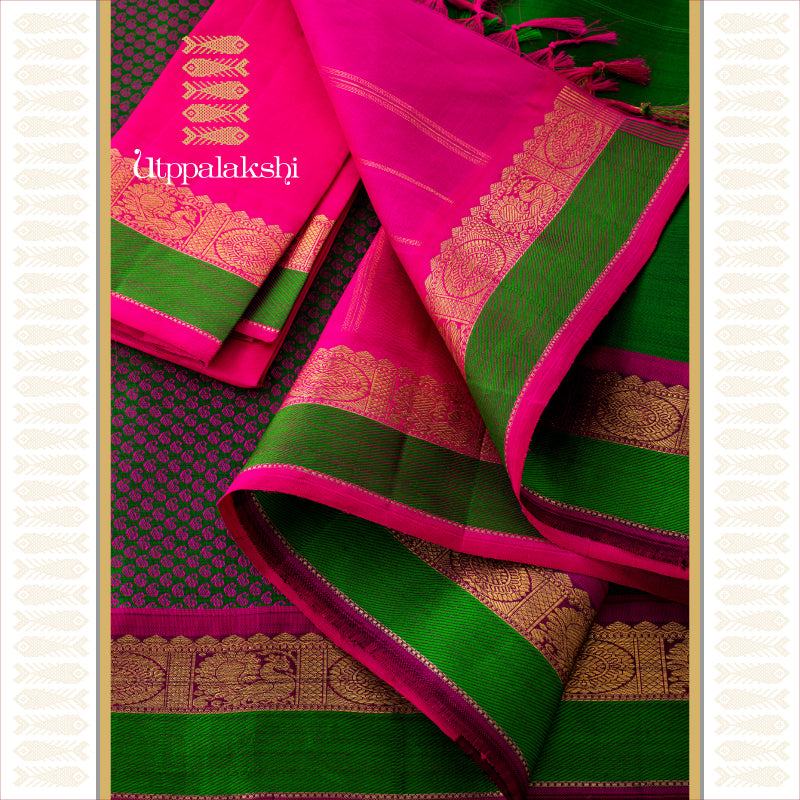 UTPPALAKSHI HANDWOVEN KANJIVARAM SILK JACQUARD SAREE PURPLE PINK GREEN MANGO BUTTA