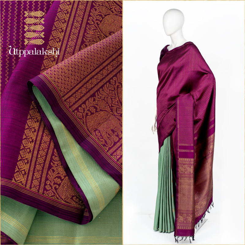 UTPPALAKSHI HANDWOVEN KANJIVARAM SILK SAREE GREEN PURPLE ZIGZAG LINES NO BORDER