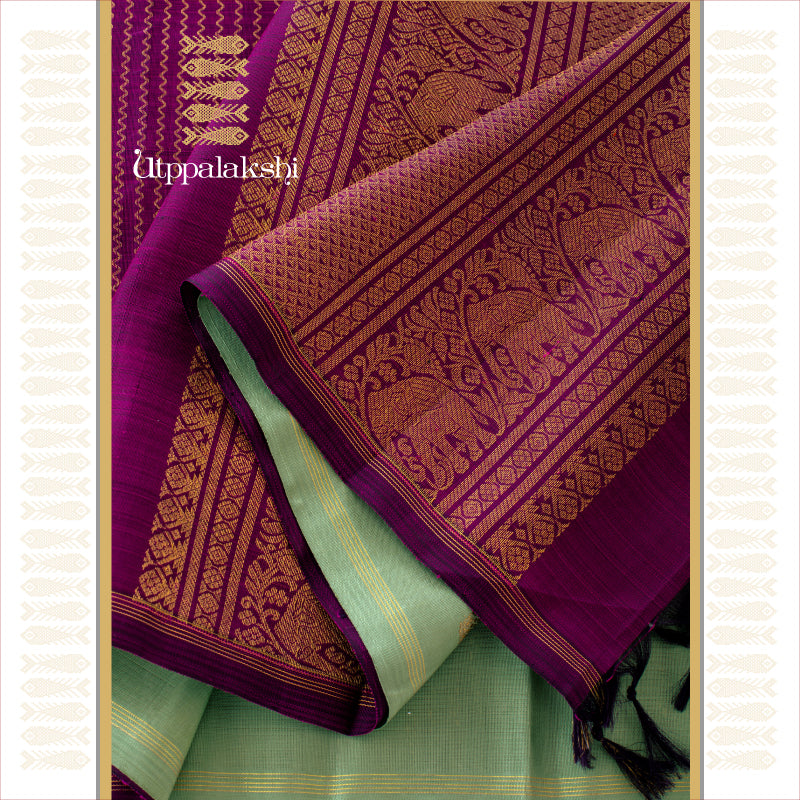 UTPPALAKSHI HANDWOVEN KANJIVARAM SILK SAREE GREEN PURPLE ZIGZAG LINES NO BORDER