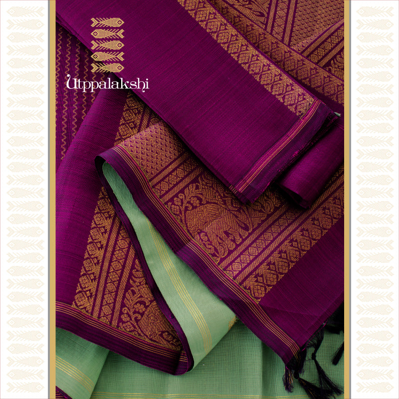 UTPPALAKSHI HANDWOVEN KANJIVARAM SILK SAREE GREEN PURPLE ZIGZAG LINES NO BORDER