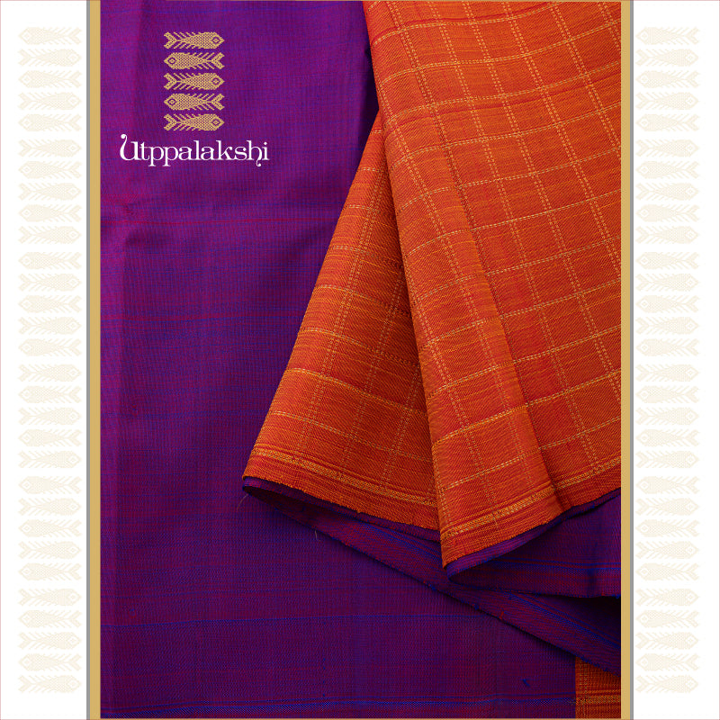 UTPPALAKSHI HANDWOVEN KANJIVARAM SILK SAREE PURPLE AND ORANGE WITH CHECKS PALLU NO BORDER