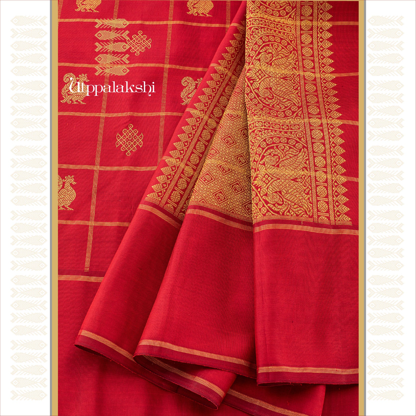 UTPPALAKSHI HANDWOVEN KANJIVARAM SILK SAREE RED ANNAM KOLAM CHECKS