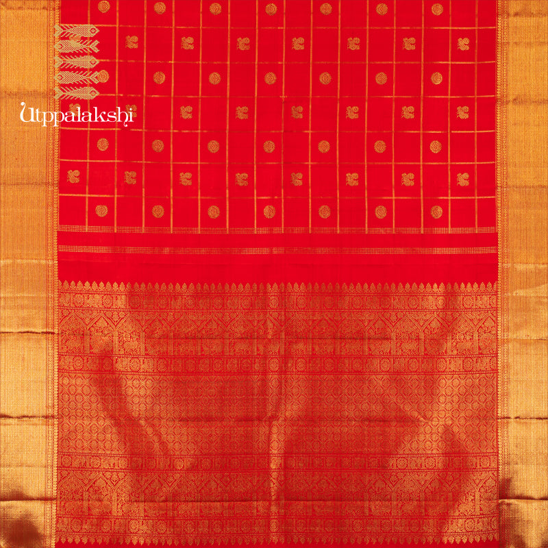 UTPPALAKSHI HANDWOVEN KANJIVARAM SILK SAREE RED ANNAM CHAKRAM IN CHECKS