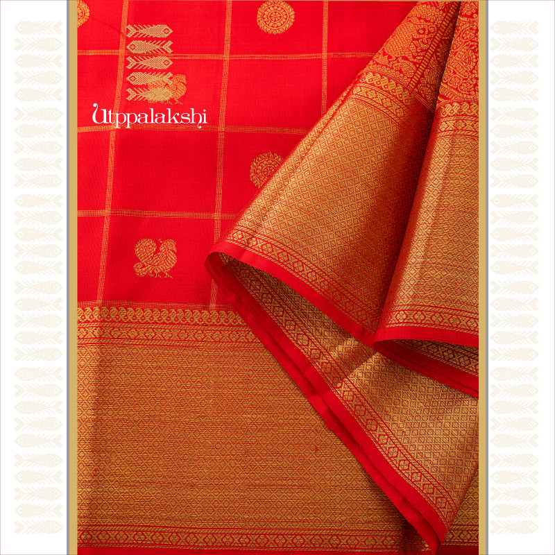 UTPPALAKSHI HANDWOVEN KANJIVARAM SILK SAREE RED ANNAM CHAKRAM IN CHECKS