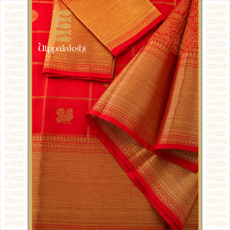 UTPPALAKSHI HANDWOVEN KANJIVARAM SILK SAREE RED ANNAM CHAKRAM IN CHECKS