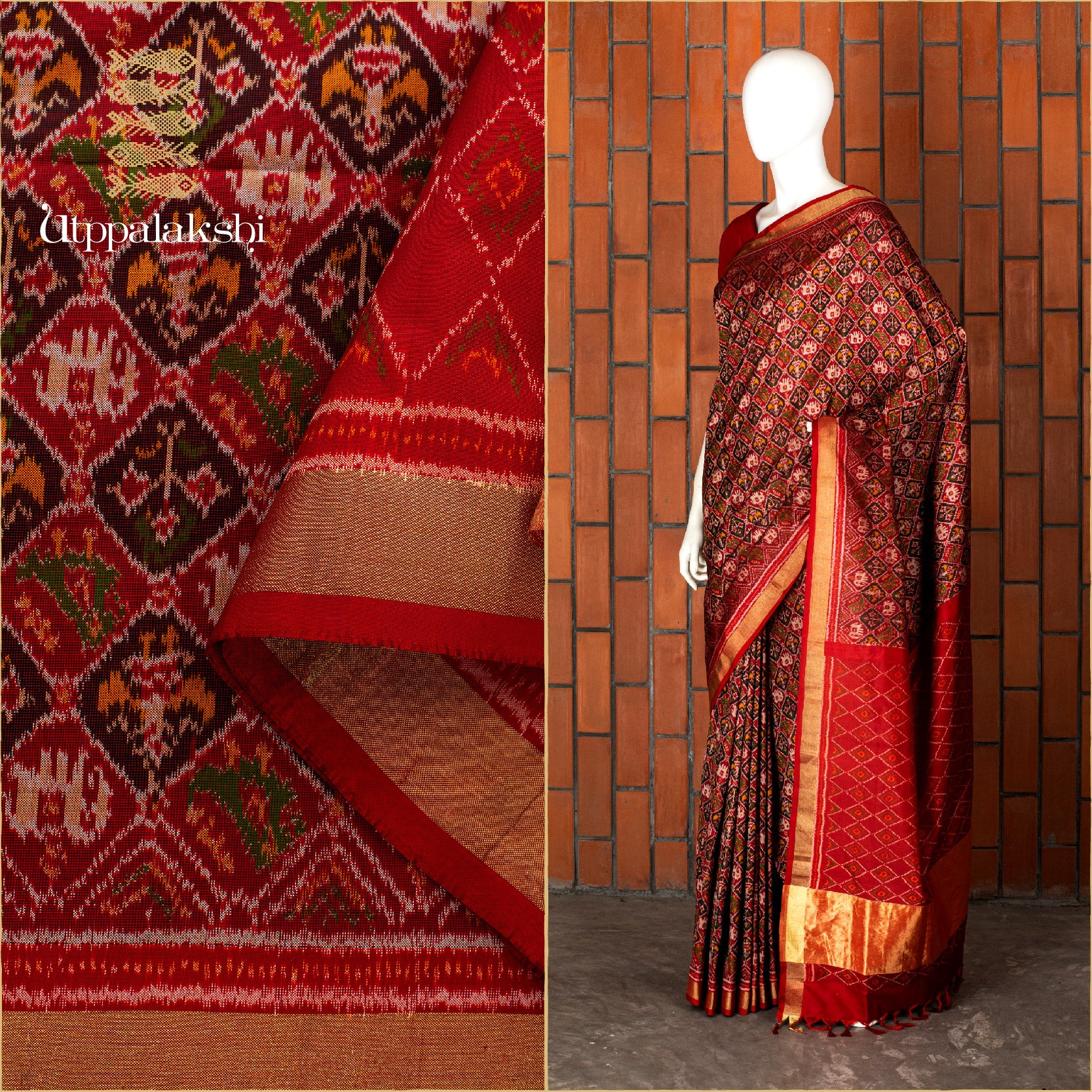 UTPPALAKSHI HANDWOVEN KANJIVARAM SILK ODISHA IKAR SAREE RED