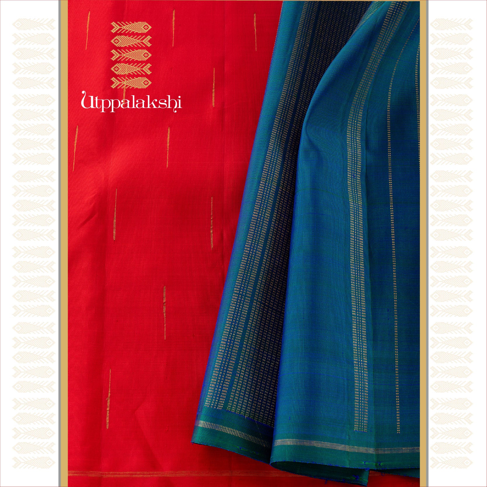 UTPPALAKSHI HANDWOVEN KANJIVARAM SILK SAREE RED AND BLUE RAINDROPS