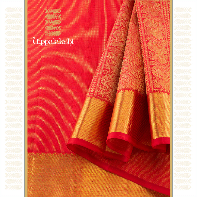 UTPPALAKSHI HANDWOVEN KANJIVARAM SILK SAREE RED WITH VERTICAL ZARI LINES