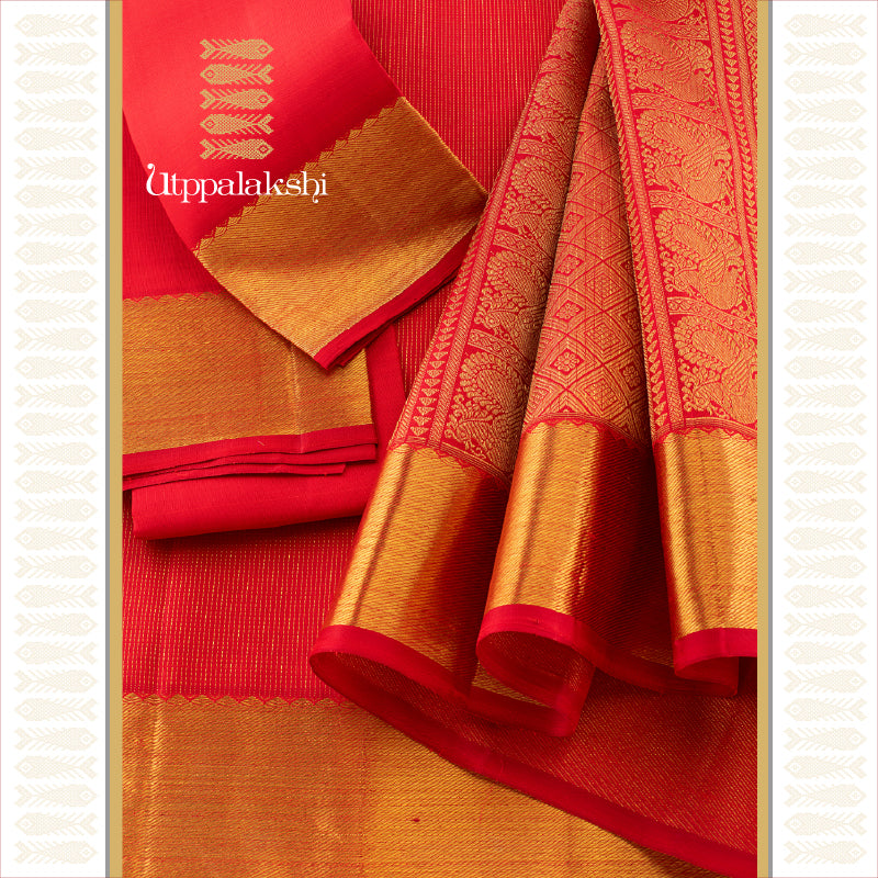 UTPPALAKSHI HANDWOVEN KANJIVARAM SILK SAREE RED WITH VERTICAL ZARI LINES