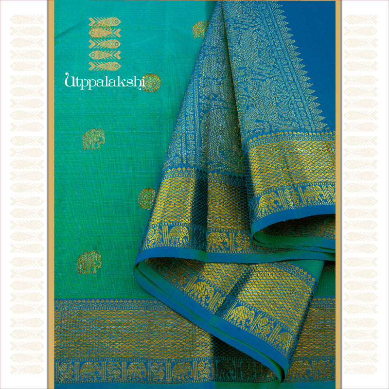 UTPPALAKSHI HANDWOVEN KANJIVARAM SILK SAREE ANANDA BLUE AND SEA BLUE WITH ELEPHANT ANNAM CHAKRAM