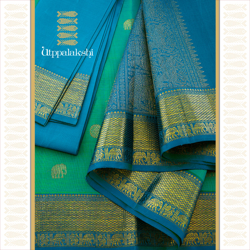 UTPPALAKSHI HANDWOVEN KANJIVARAM SILK SAREE ANANDA BLUE AND SEA BLUE WITH ELEPHANT ANNAM CHAKRAM