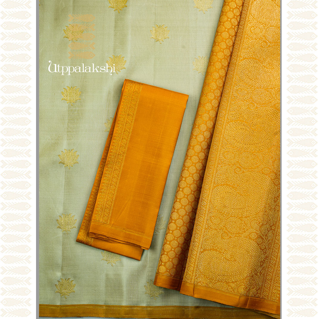 PASTEL CARDAMOM GREEN WITH MUSTARD PALLU -AN UTPPALAKSHI HANDWOVEN KANCHIPURAM SILK SAREE