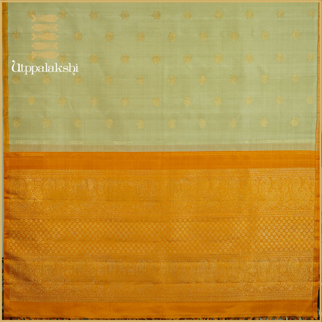 PASTEL CARDAMOM GREEN WITH MUSTARD PALLU -AN UTPPALAKSHI HANDWOVEN KANCHIPURAM SILK SAREE