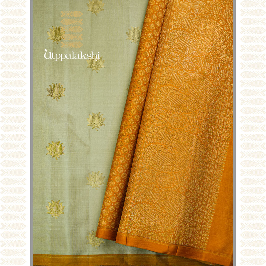 PASTEL CARDAMOM GREEN WITH MUSTARD PALLU -AN UTPPALAKSHI HANDWOVEN KANCHIPURAM SILK SAREE